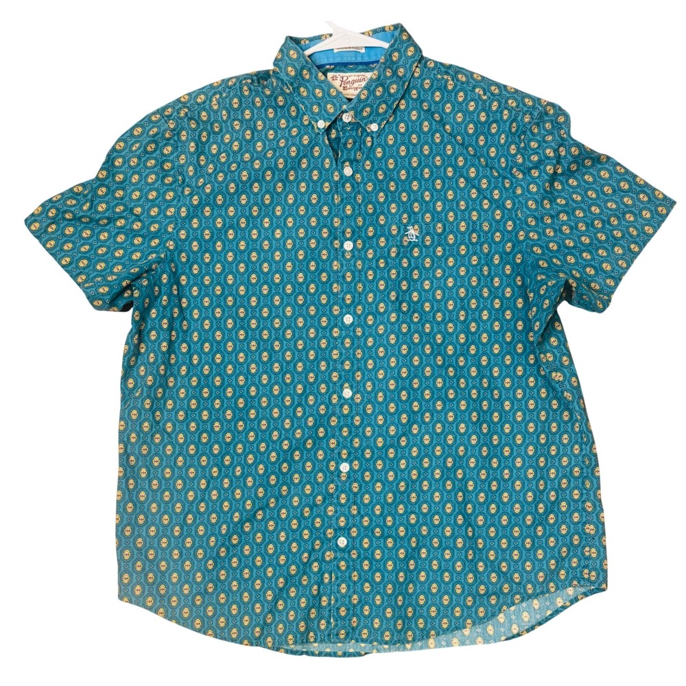 Vintage Original Penguin Button Down Geometric Print Teal Blue Mens XL SS Shirt